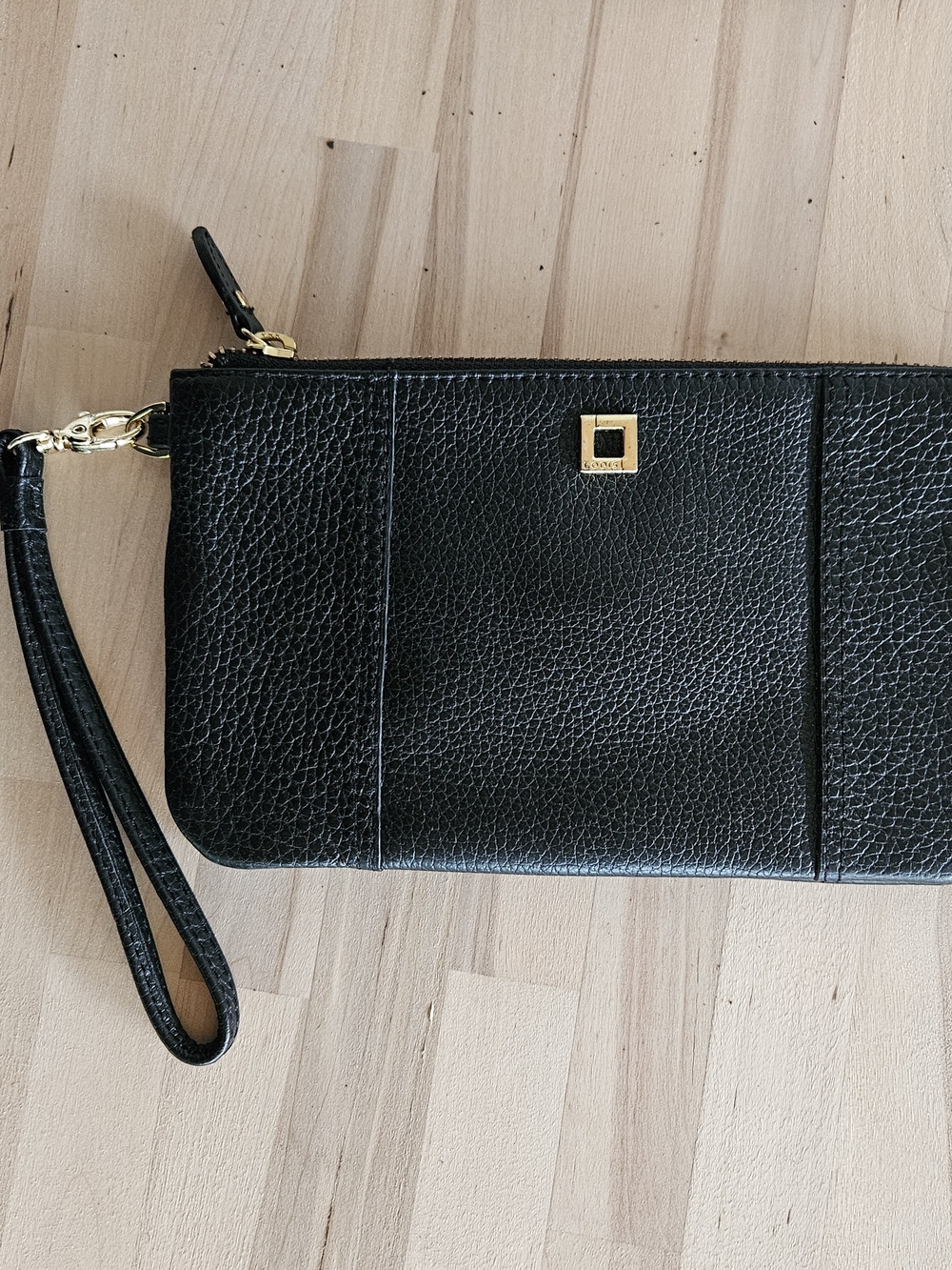 Lodis Black Leather Wristlet Clutch with Gold Hardware